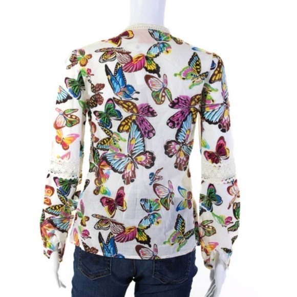 Tory Burch Women’s White Cotton Butterfly V-neck Long Sleeve Blouse - Picture 4 of 16